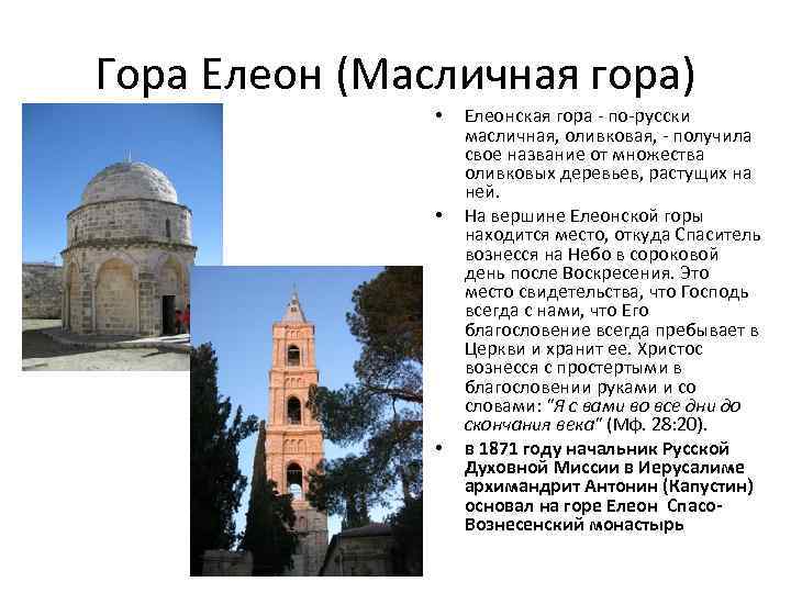 Гора Елеон (Масличная гора) • • • Елеонская гора - по-русски масличная, оливковая, -