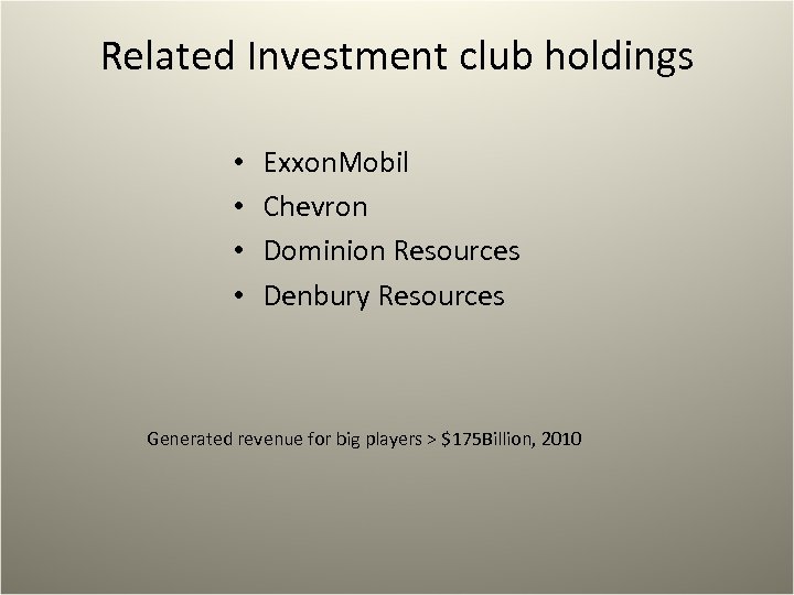 Related Investment club holdings • • Exxon. Mobil Chevron Dominion Resources Denbury Resources Generated