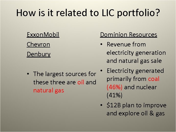 How is it related to LIC portfolio? Exxon. Mobil Chevron Denbury Dominion Resources •