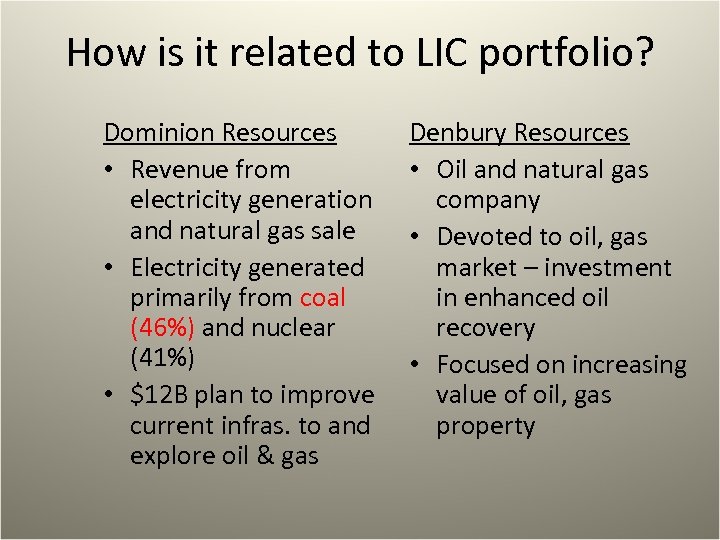 How is it related to LIC portfolio? Dominion Resources • Revenue from electricity generation
