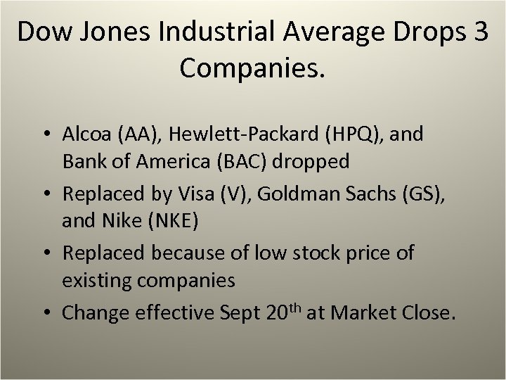 Dow Jones Industrial Average Drops 3 Companies. • Alcoa (AA), Hewlett-Packard (HPQ), and Bank
