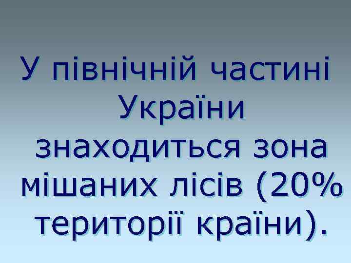 У північній частині України знаходиться зона мішаних лісів (20% території країни). 