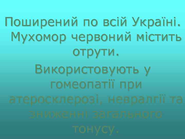 Поширений по всій Україні. Мухомор червоний містить отрути. Використовують у гомеопатії при атеросклерозі, невралгії
