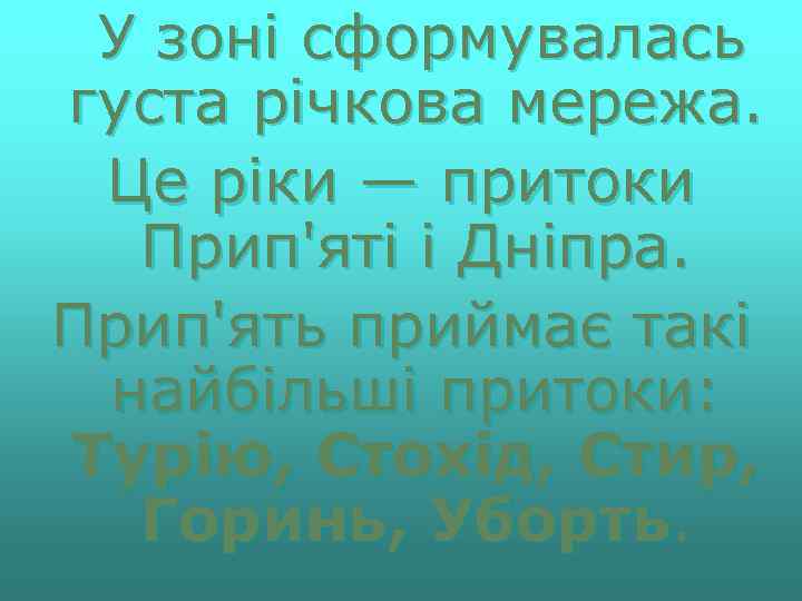 У зоні сформувалась густа річкова мережа. Це ріки — притоки Прип'яті і Дніпра. Прип'ять