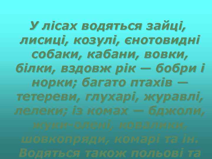 У лісах водяться зайці, лисиці, козулі, єнотовидні собаки, кабани, вовки, білки, вздовж рік —