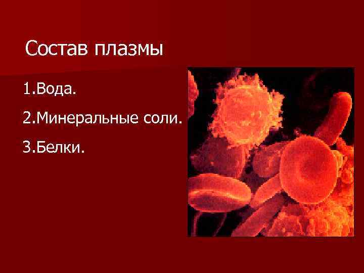 Состав плазмы 1. Вода. 2. Минеральные соли. 3. Белки. 