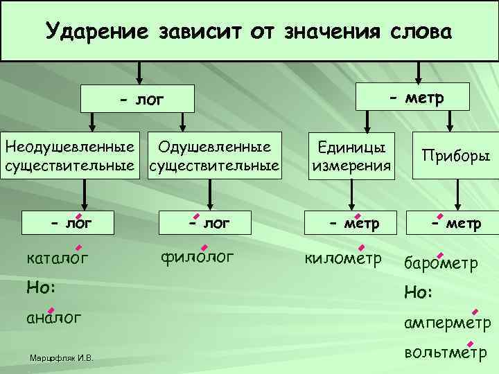 Ударение зависит от значения слова - метр - лог Неодушевленные Одушевленные существительные Единицы измерения