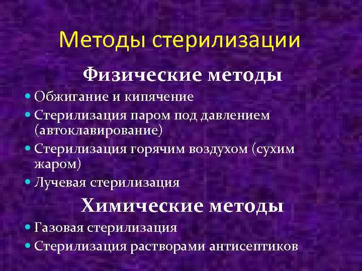 Методы стерилизации Физические методы Обжигание и кипячение Стерилизация паром под давлением (автоклавирование) Стерилизация горячим