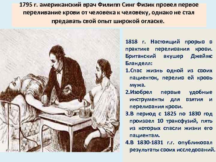 1795 г. американский врач Филипп Синг Физик провел первое переливание крови от человека к