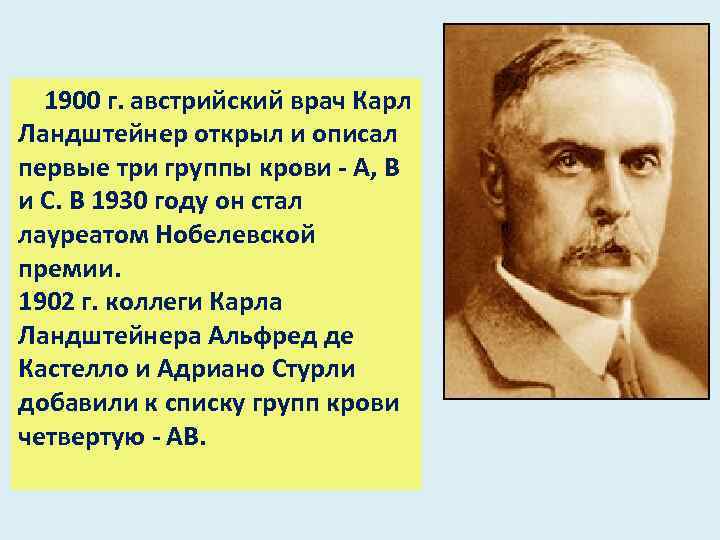  1900 г. австрийский врач Карл Ландштейнер открыл и описал первые три группы крови