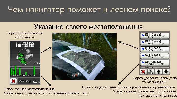 Чем навигатор поможет в лесном поиске? Указание своего местоположения Через географические координаты. Через удаление,