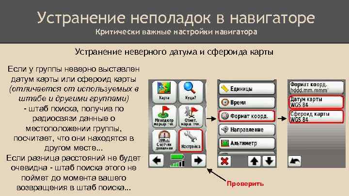 Устранение неполадок в навигаторе Критически важные настройки навигатора Устранение неверного датума и сфероида карты