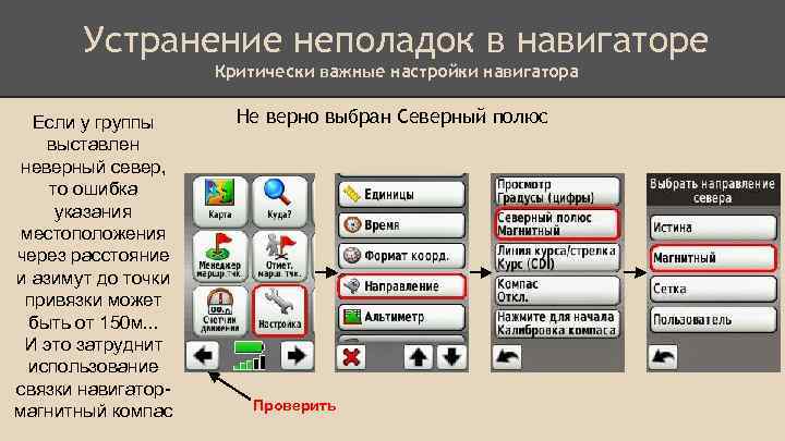 Устранение неполадок в навигаторе Критически важные настройки навигатора Если у группы выставлен неверный север,