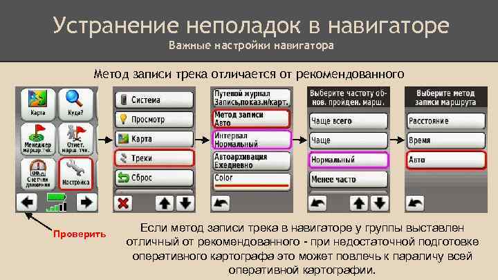 Устранение неполадок в навигаторе Важные настройки навигатора Метод записи трека отличается от рекомендованного Проверить