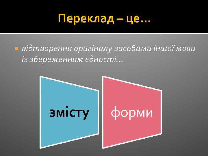 Переклад – це… відтворення оригіналу засобами іншої мови із збереженням єдності… змісту форми 