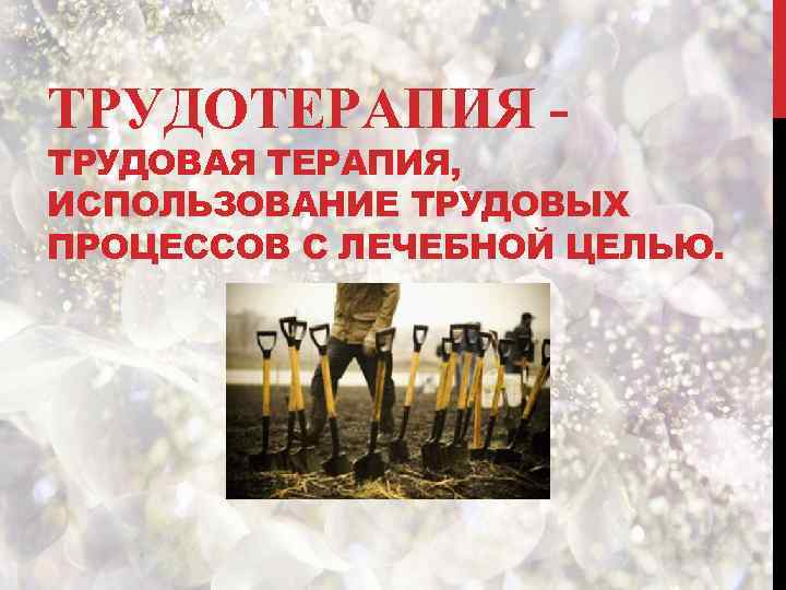 ТРУДОТЕРАПИЯ - ТРУДОВАЯ ТЕРАПИЯ, ИСПОЛЬЗОВАНИЕ ТРУДОВЫХ ПРОЦЕССОВ С ЛЕЧЕБНОЙ ЦЕЛЬЮ. 