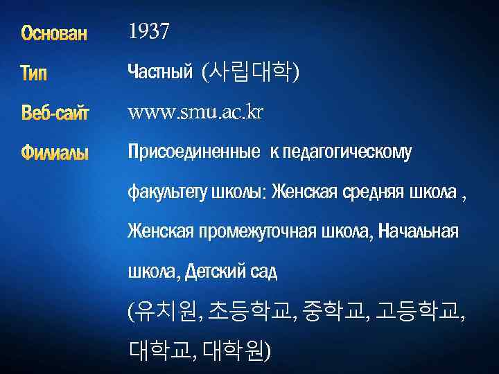 Основан 1937 Тип Частный (사립대학) Веб-сайт www. smu. ac. kr Филиалы Присоединенные к педагогическому