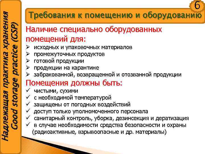 Надлежащая практика хранения Good storage practice (GSP) 6 Требования к помещению и оборудованию Наличие