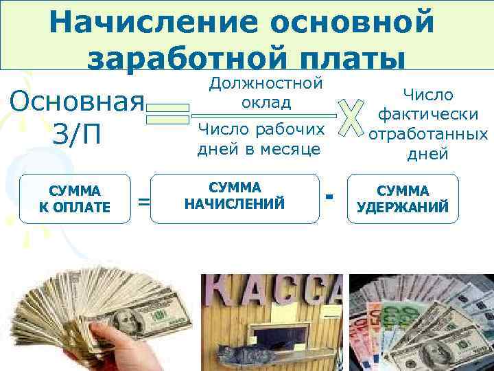 Начисление основной заработной платы Основная З/П СУММА К ОПЛАТЕ = Должностной оклад Число рабочих