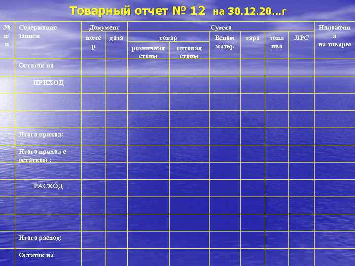 Товарный отчет № 12 на 30. 12. 20…г № п/ п Содержание записи Остаток
