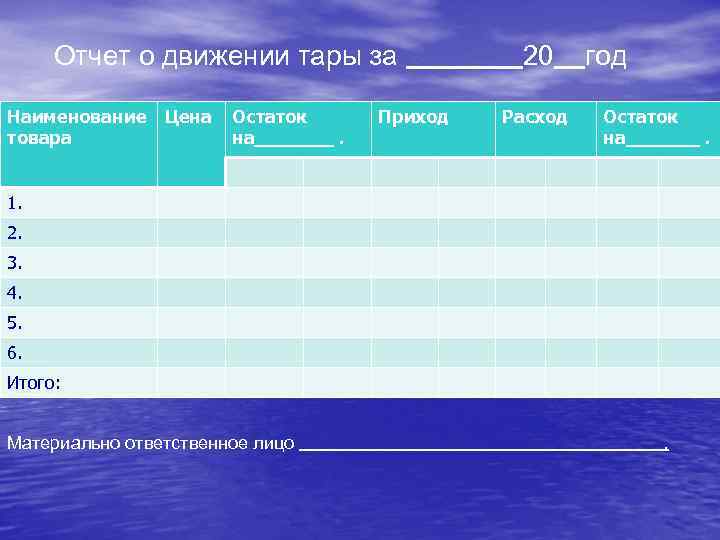 Отчет о движении тары за Наименование товара Цена Остаток на . Приход 20 Расход