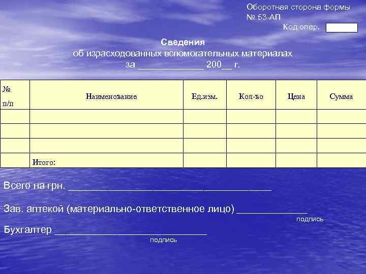 Оборотная сторона формы № 53 -АП Код опер. Сведения об израсходованных вспомогательных материалах за