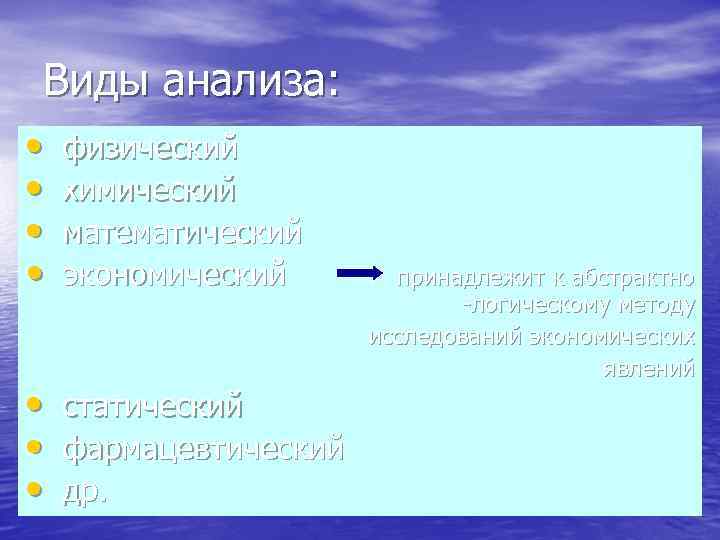 Виды анализа: • физический • химический • математический • экономический принадлежит к абстрактно •