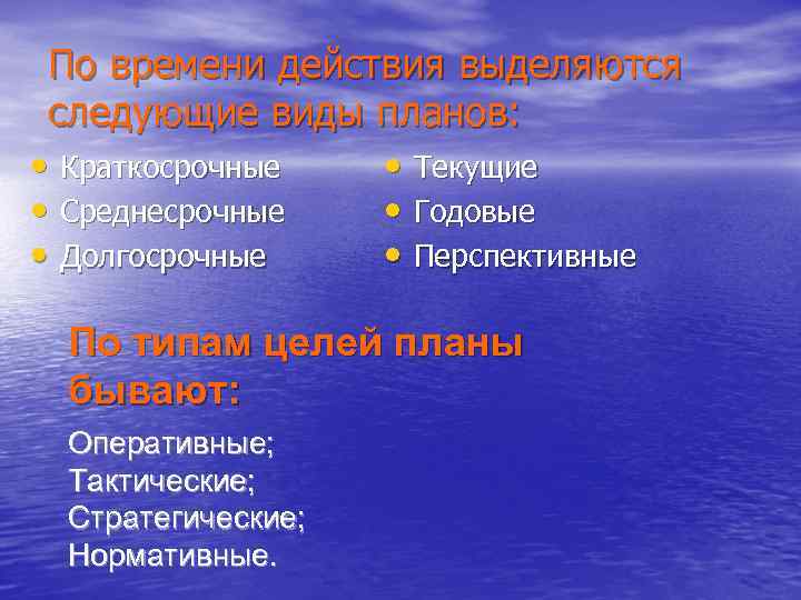 По времени действия выделяются следующие виды планов: • Краткосрочные • Среднесрочные • Долгосрочные •