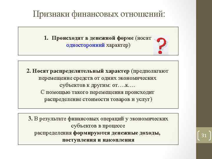 Признаки финансовых отношений: 1. Происходят в денежной форме (носят односторонний характер) 2. Носят распределительный