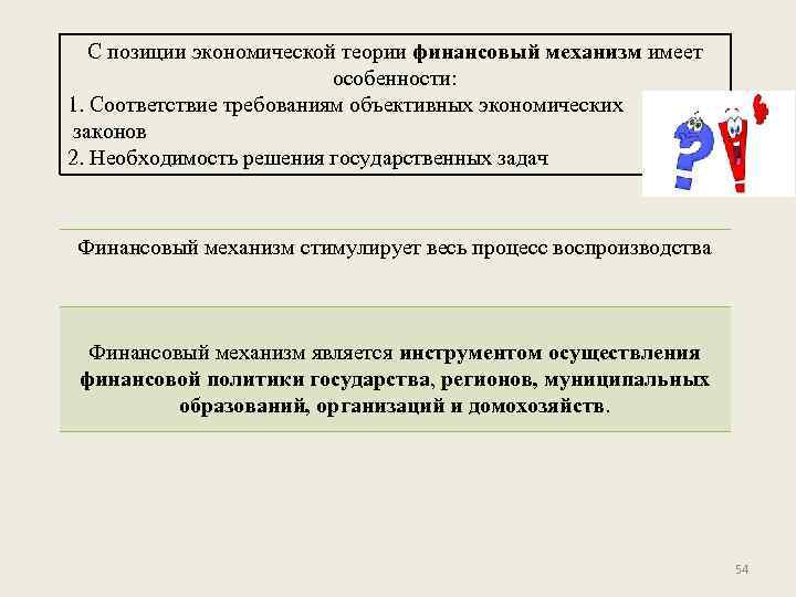 С позиции экономической теории финансовый механизм имеет особенности: 1. Соответствие требованиям объективных экономических законов