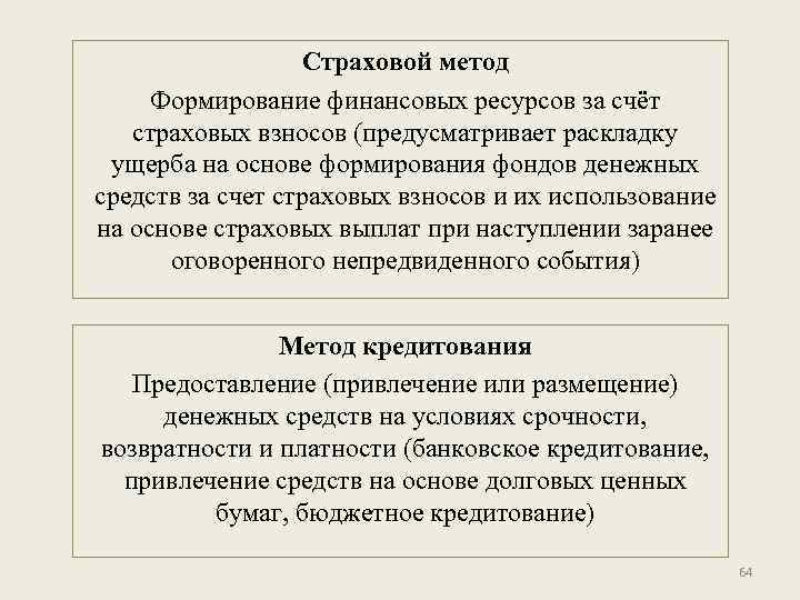 Страховой метод Формирование финансовых ресурсов за счёт страховых взносов (предусматривает раскладку ущерба на основе