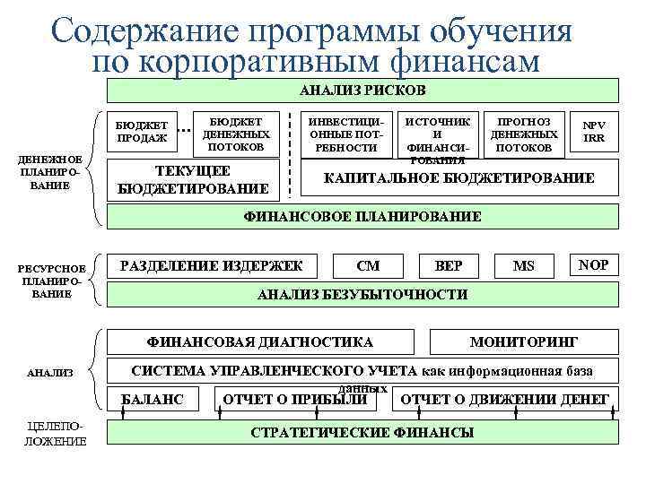 Содержание программы обучения. Бюджетное планирование риски. Корпоративные финансы основные формулы. Финансовые аналитические системы программы.