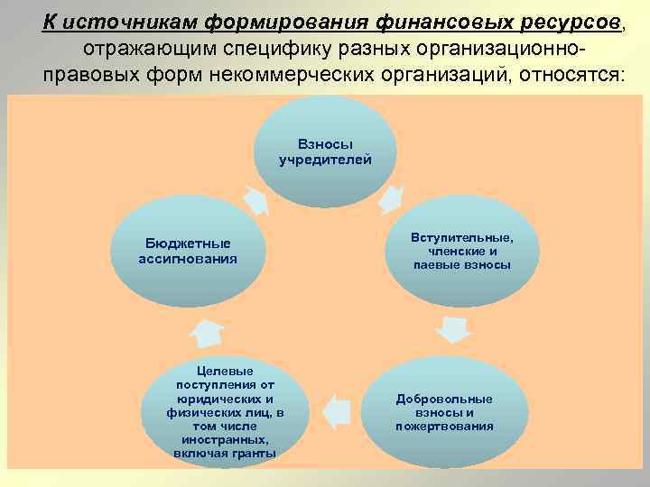 К источникам формирования финансовых ресурсов, отражающим специфику разных организационно правовых форм некоммерческих организаций, относятся: