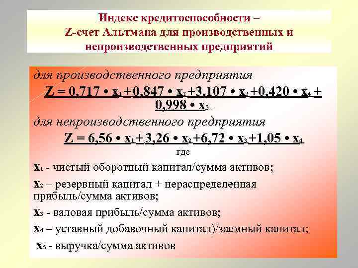 Индекс кредитоспособности – Z-счет Альтмана для производственных и непроизводственных предприятий для производственного предприятия Z