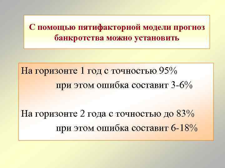 С помощью пятифакторной модели прогноз банкротства можно установить На горизонте 1 год с точностью