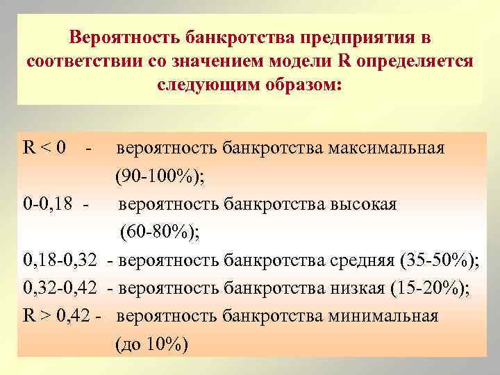 Вероятность банкротства предприятия в соответствии со значением модели R определяется следующим образом: R<0 -