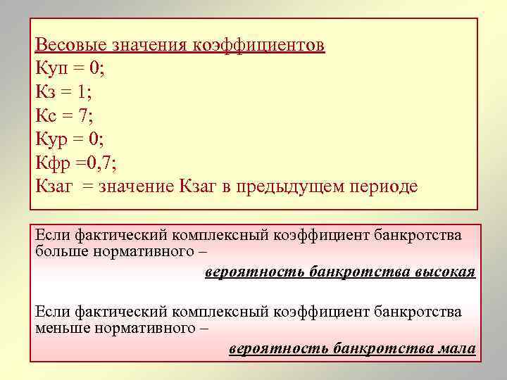 Весовые значения коэффициентов Куп = 0; Кз = 1; Кс = 7; Кур =