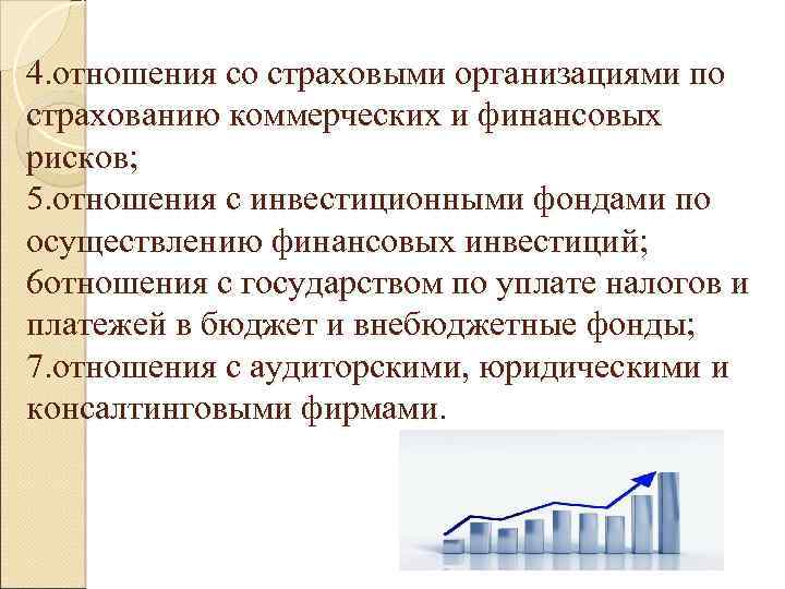 4. отношения со страховыми организациями по страхованию коммерческих и финансовых рисков; 5. отношения с