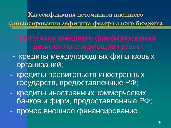 Классификация источников внешнего финансирования дефицита федерального бюджета Источники внешнего финансирования делятся на следующие группы: