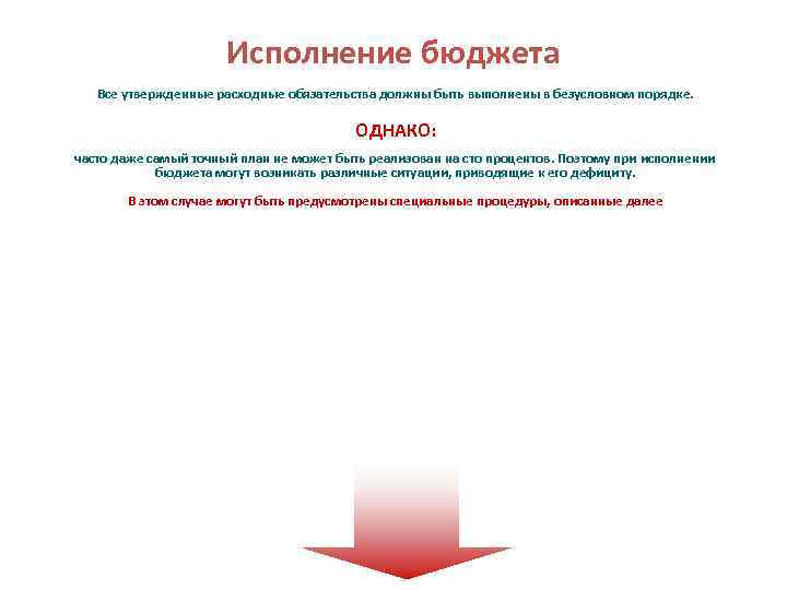 Исполнение бюджета Все утвержденные расходные обязательства должны быть выполнены в безусловном порядке. ОДНАКО: часто