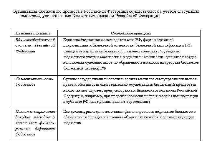 Организация бюджетного процесса в Российской Федерации осуществляется с учетом следующих принципов, установленных Бюджетным кодексом