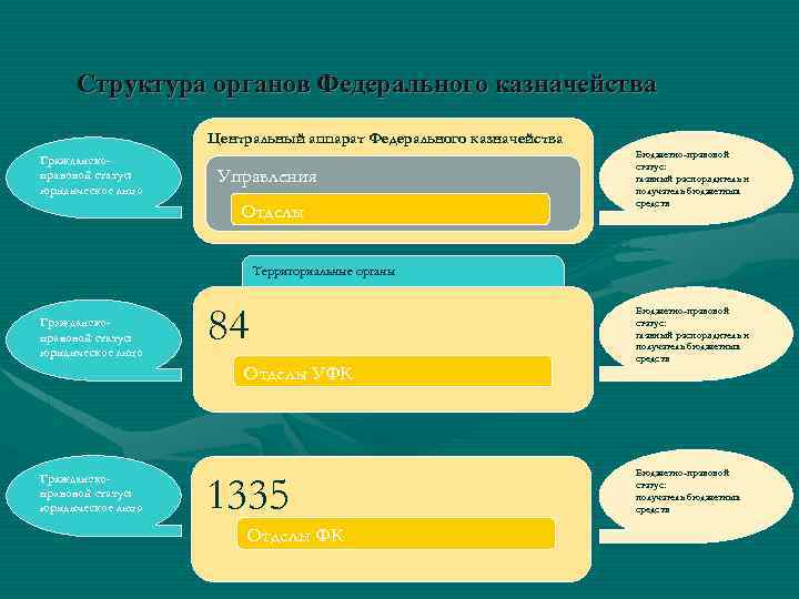 Структура органов Федерального казначейства Центральный аппарат Федерального казначейства Гражданскоправовой статус: юридическое лицо Бюджетно-правовой статус: