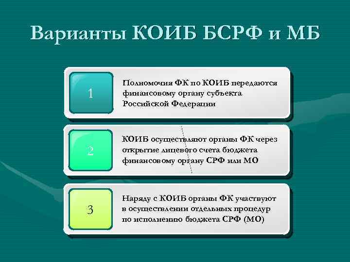 Варианты КОИБ БСРФ и МБ 1 Полномочия ФК по КОИБ передаются финансовому органу субъекта