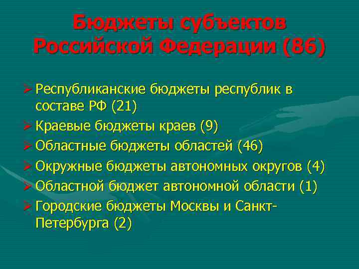 Бюджеты субъектов Российской Федерации (86) Ø Республиканские бюджеты республик в составе РФ (21) Ø