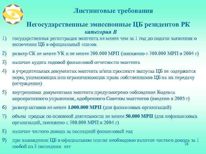 Листинговые требования Негосударственные эмиссионные ЦБ резидентов РК категория В 1) государственная регистрация эмитента не