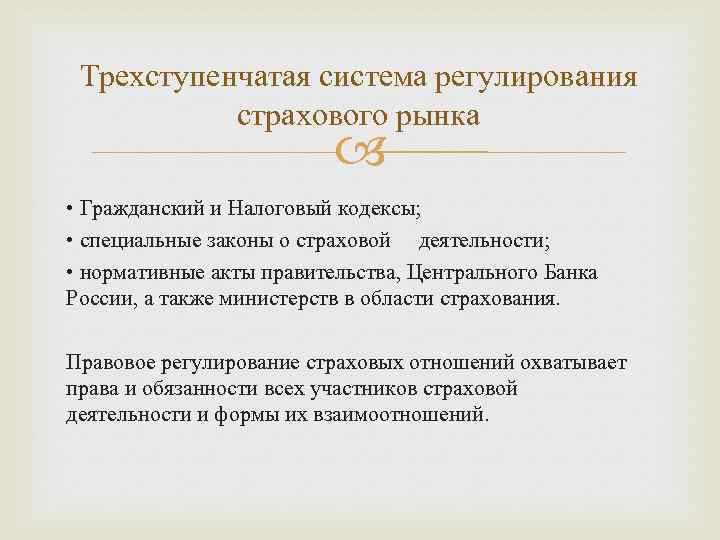 Гражданский кодекс регулирует. В Российской Федерации юридическое регулирование страхового рынка. Нормативно-правовое регулирование страховой деятельности. Система правового регулирования страховой деятельности. Нормативное регулирование страхования в РФ.