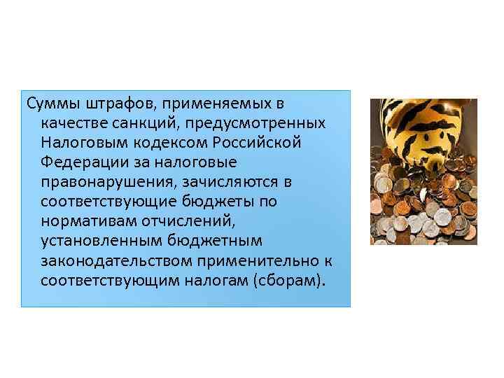 Суммы штрафов, применяемых в качестве санкций, предусмотренных Налоговым кодексом Российской Федерации за налоговые правонарушения,