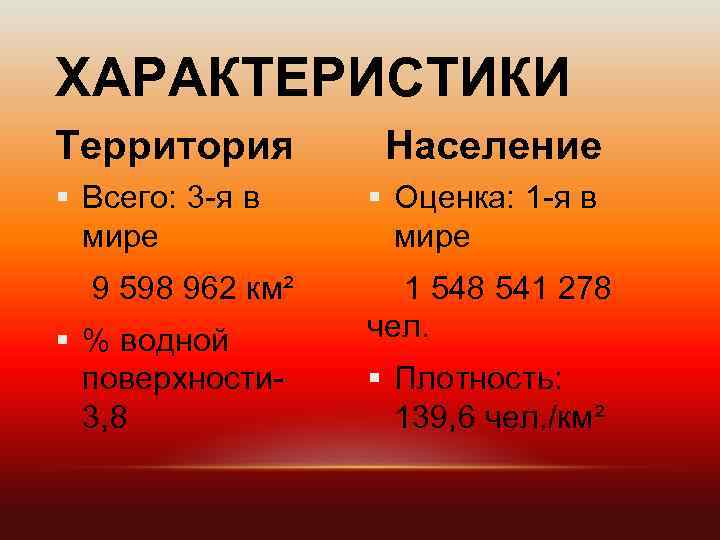 ХАРАКТЕРИСТИКИ Территория § Всего: 3 -я в мире 9 598 962 км² § %