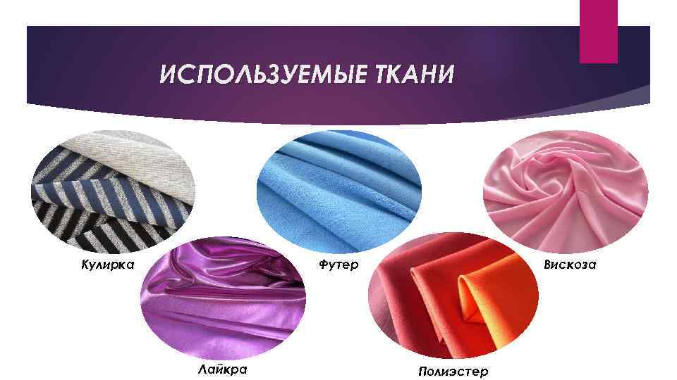 ИСПОЛЬЗУЕМЫЕ ТКАНИ Кулирка Футер Лайкра Вискоза Полиэстер 