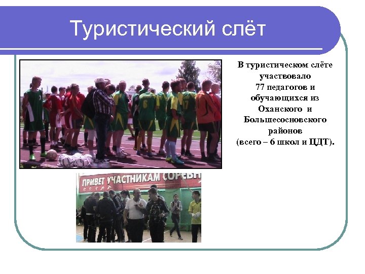 Туристический слёт В туристическом слёте участвовало 77 педагогов и обучающихся из Оханского и Большесосновского